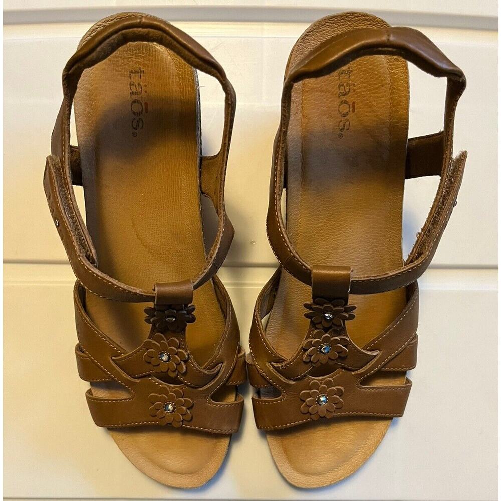 Taos Passion Flowers Leather Cork Wedge Sandals In Brown Womens Size 10 T-strap - Picture 4 of 14